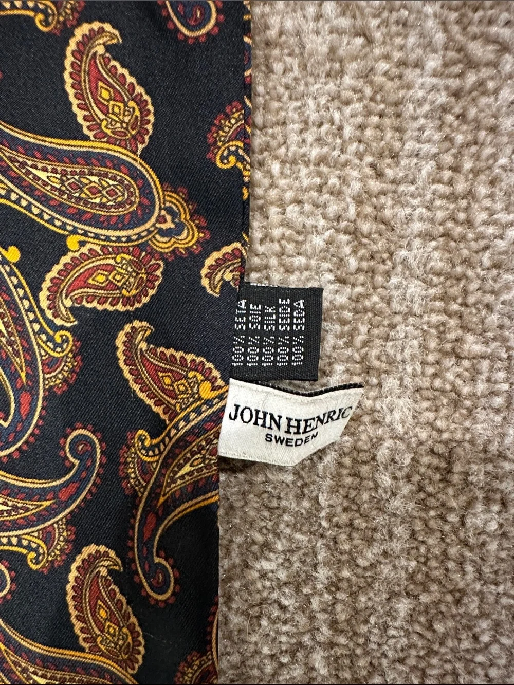John Henric Sweden 100% Silk Black Paisley Frayed Edge Men Scarf 62X6.5